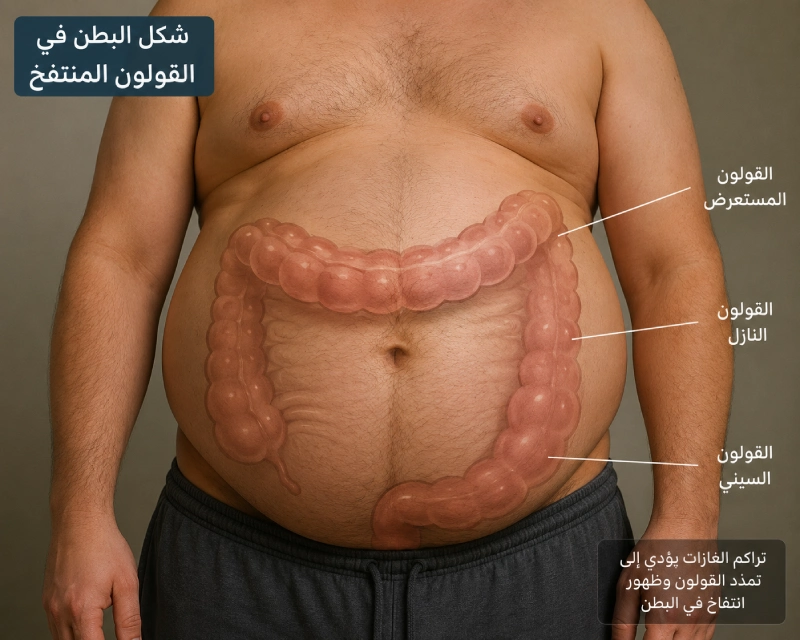 صورة بطن رجل عليها شروحات توضح شكل القولون المنتفخ